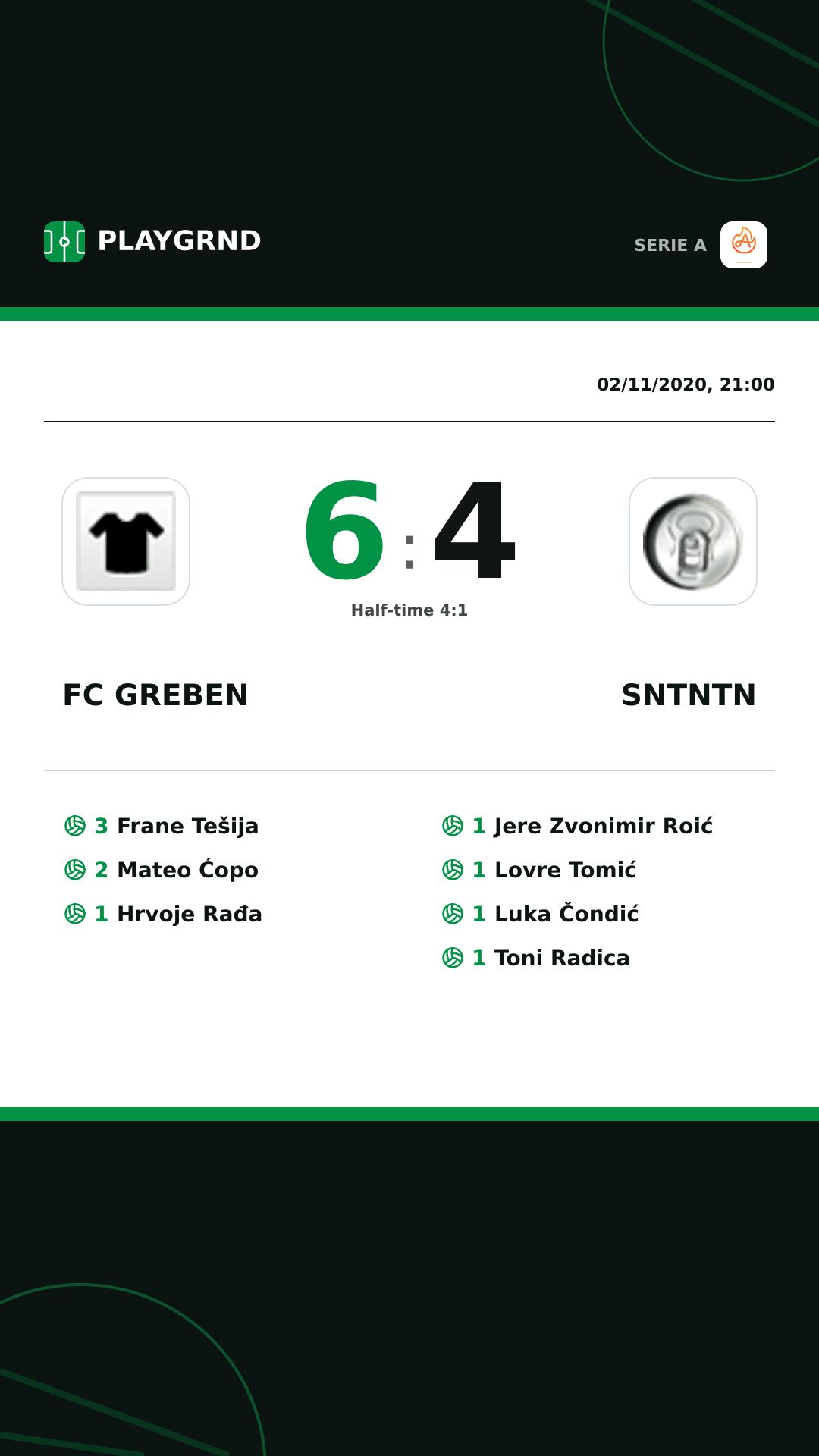 Instagram artwork: FC Greben 6:4 Sntntn