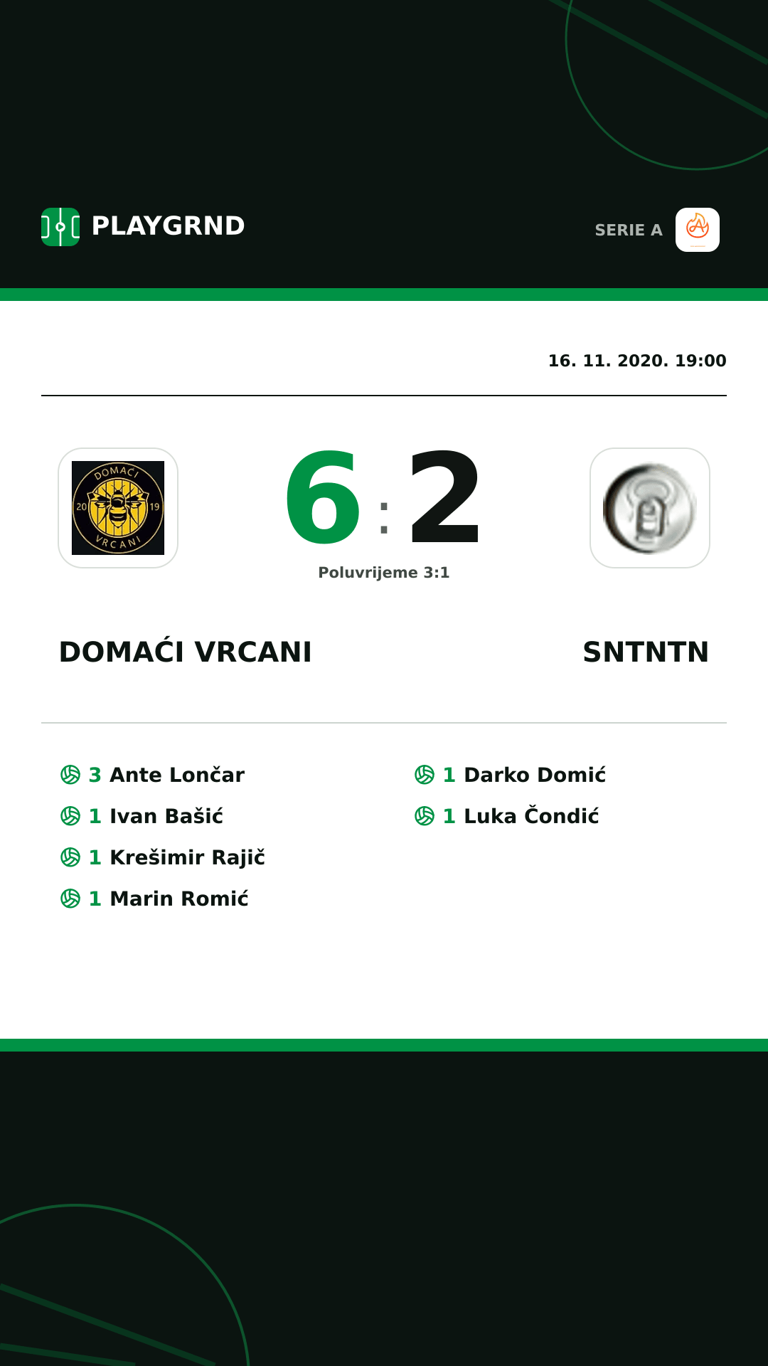 Instagram slika: Domaći Vrcani 6:2 Sntntn