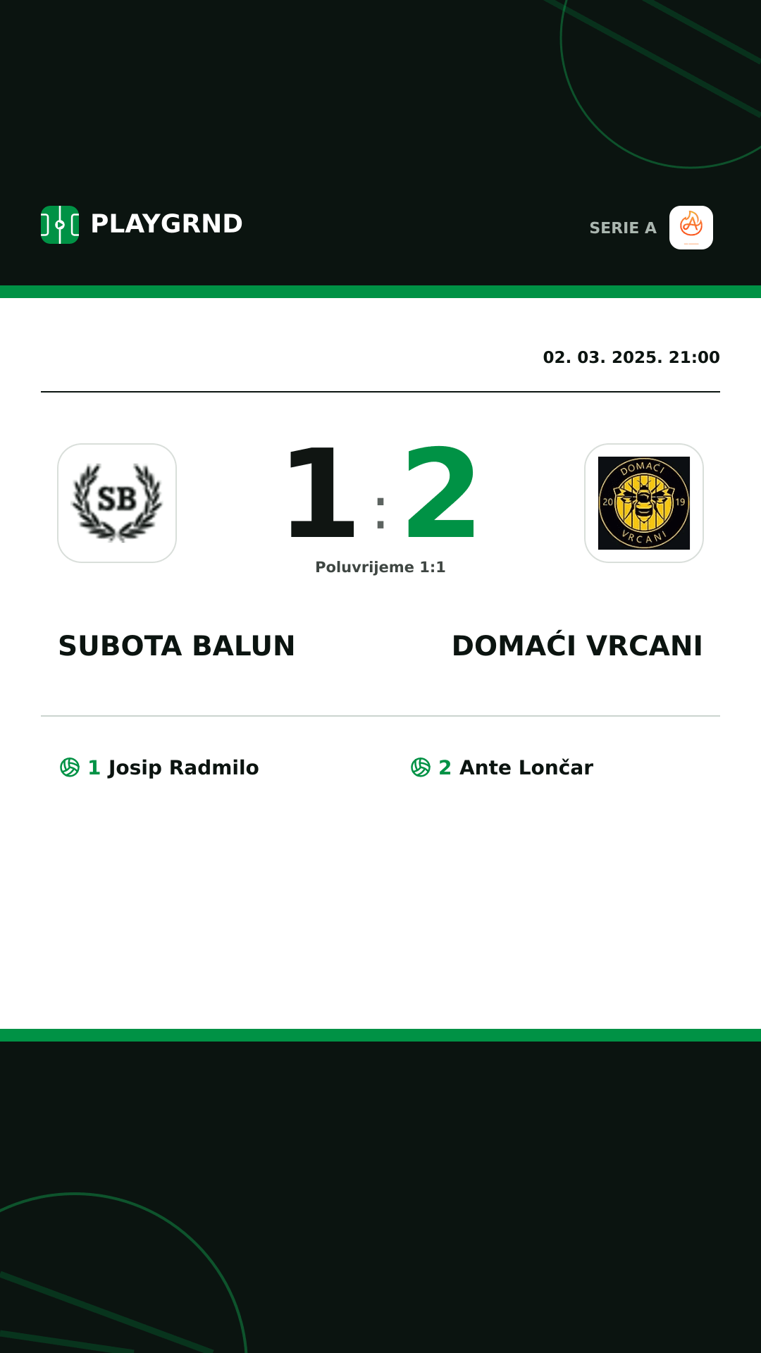 Instagram slika: Subota Balun 1:2 Domaći Vrcani