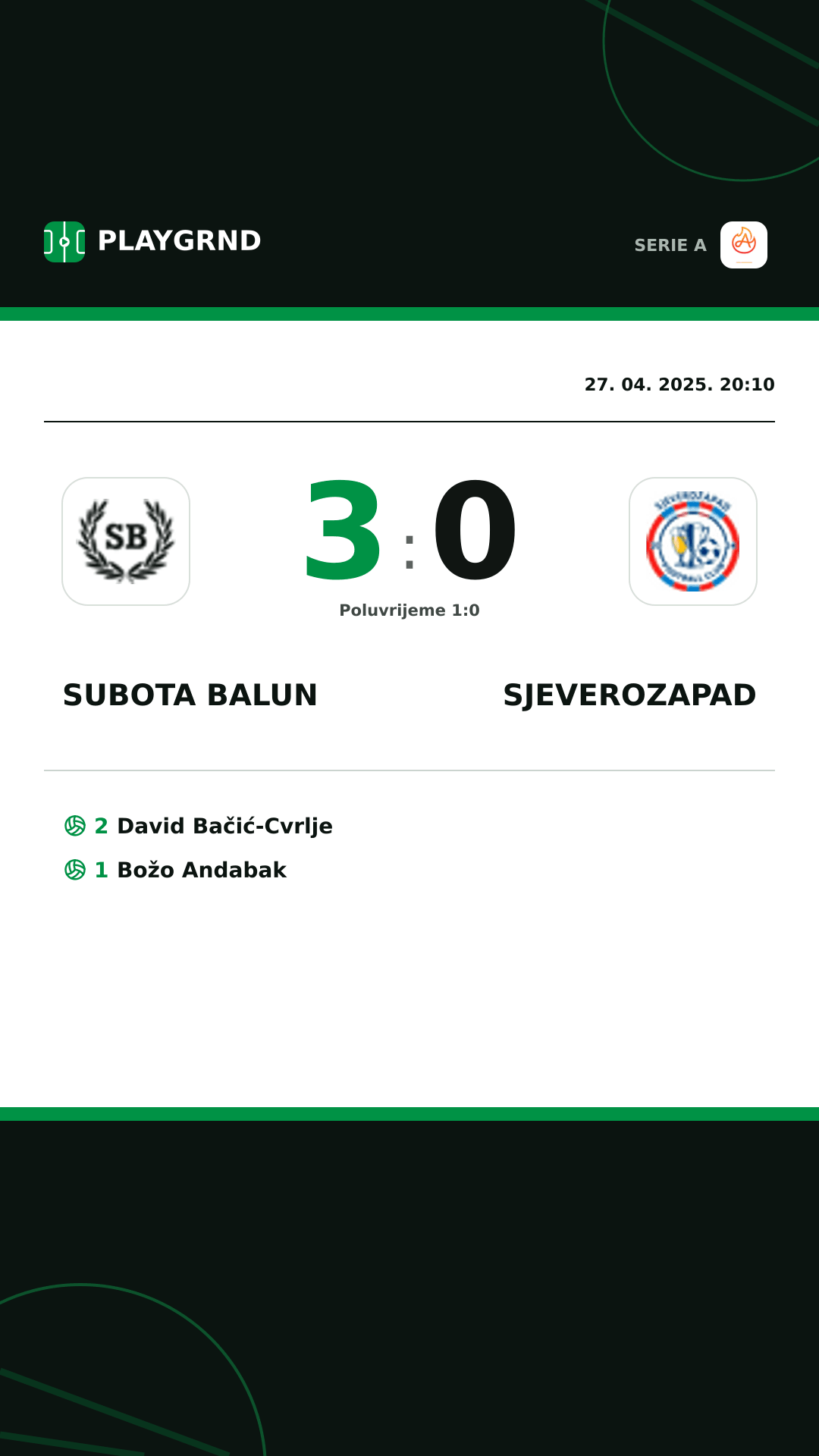 Instagram slika: Subota Balun 3:0 Sjeverozapad