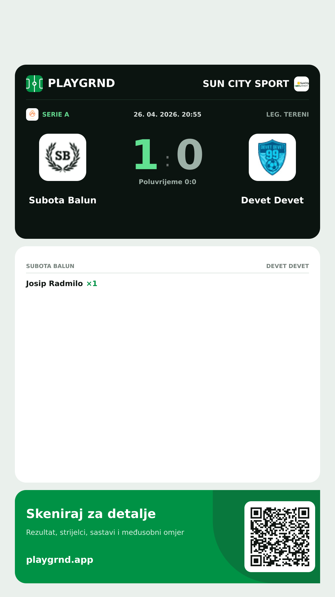 Story slika: Subota Balun 1:0 Devet Devet