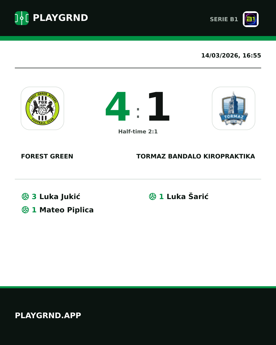 Instagram artwork: Forest Green 4:1 Tormaz Bandalo Kiropraktika