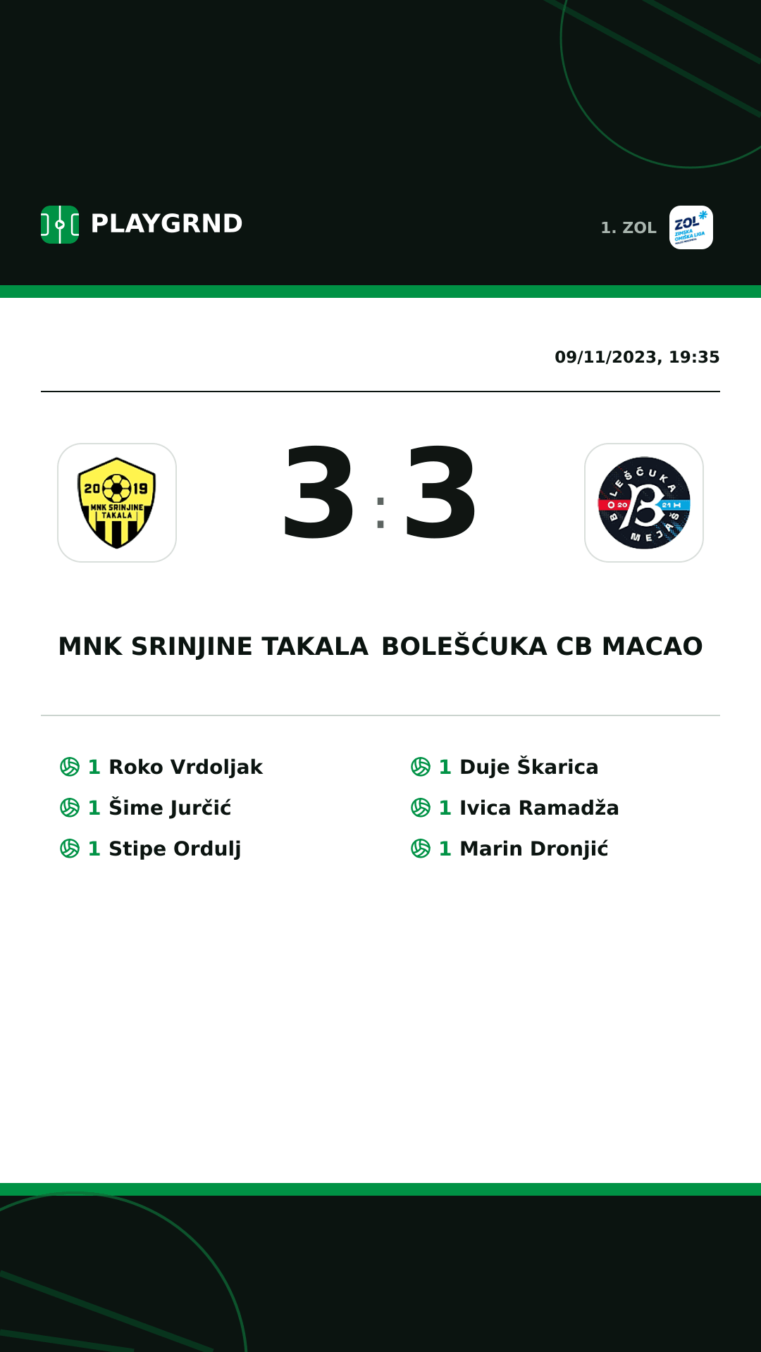 Instagram artwork: MNK Srinjine Takala 3:3 Bolešćuka CB Macao