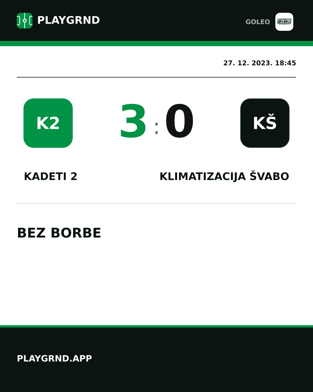 Instagram slika: Kadeti 2 3:0 Klimatizacija Švabo