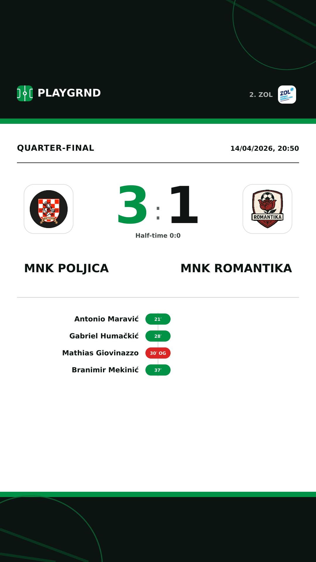 Instagram artwork: MNK Poljica 3:1 MNK Romantika