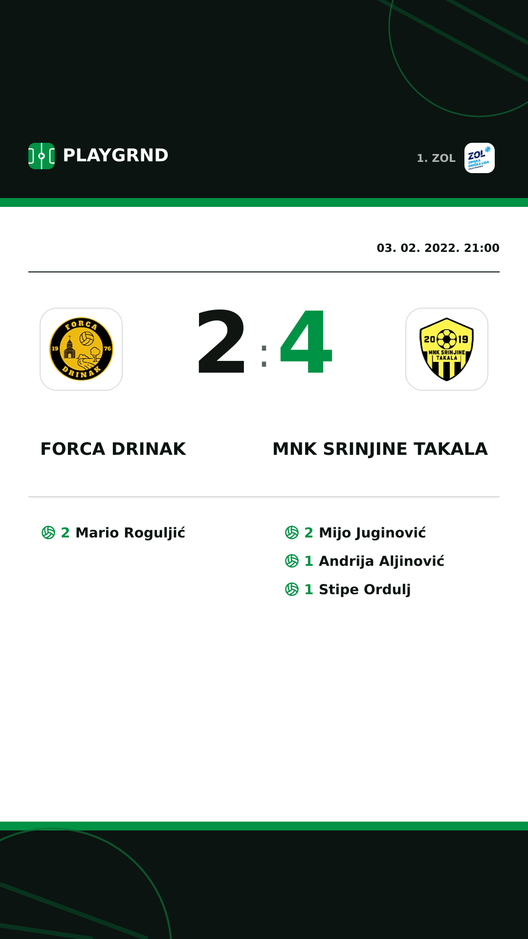 Instagram slika: Forca Drinak 2:4 MNK Srinjine Takala