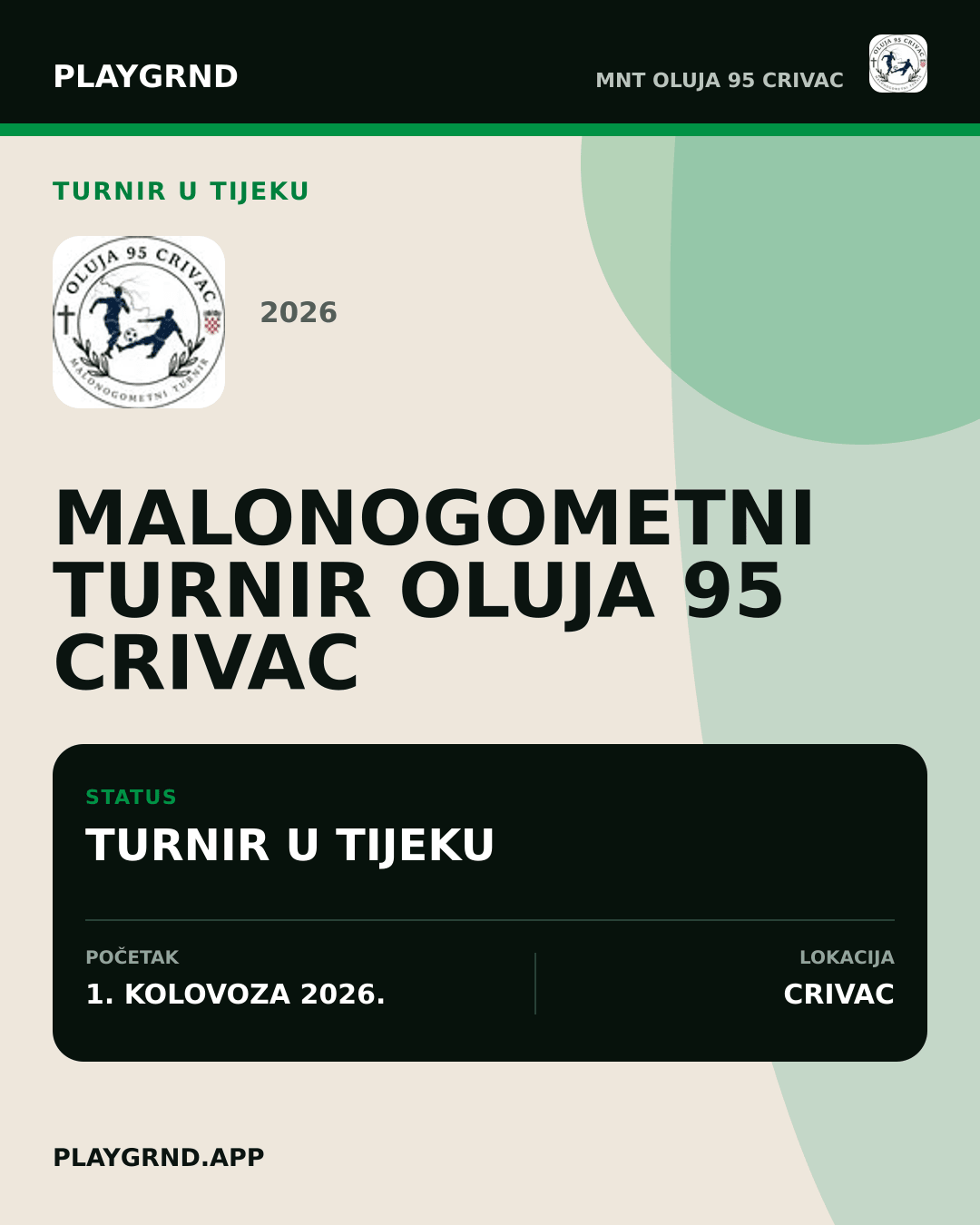Grafika turnira Malonogometni turnir Oluja 95 Crivac 2026 u tijeku