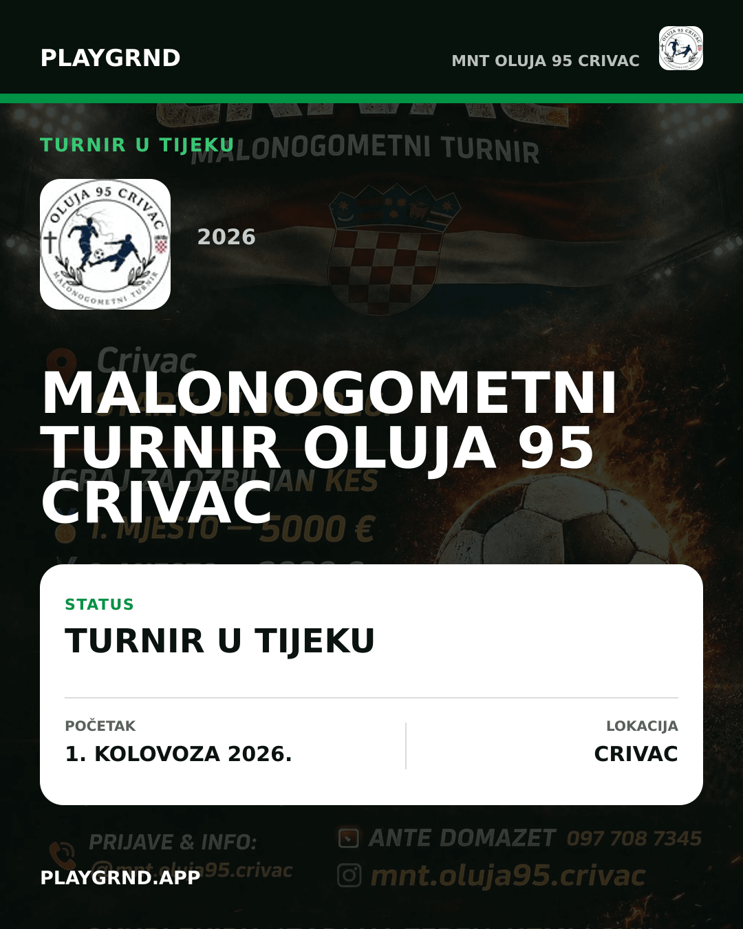 Grafika turnira Malonogometni turnir Oluja 95 Crivac 2026 u tijeku