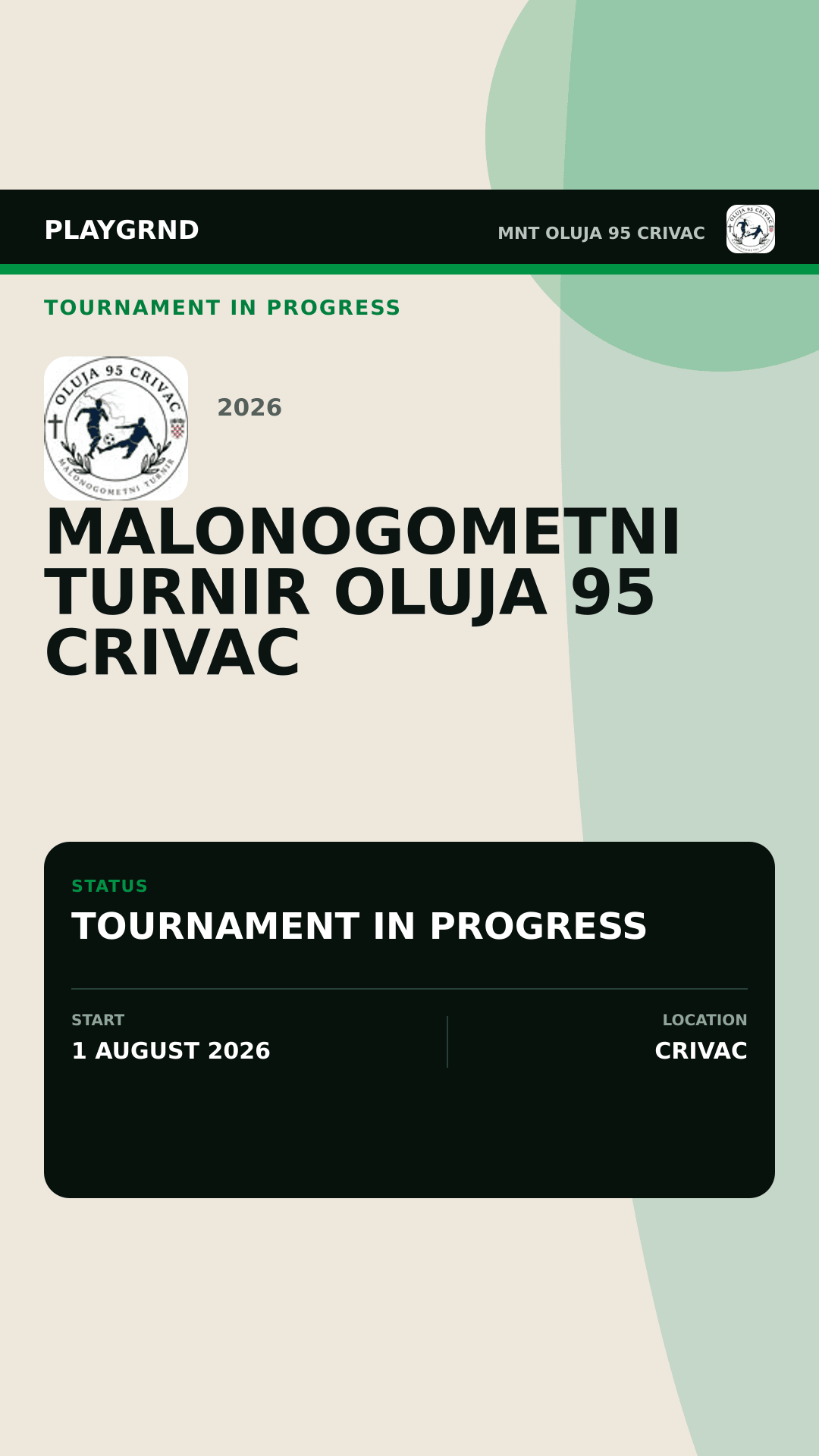 Malonogometni turnir Oluja 95 Crivac 2026 tournament in progress graphic